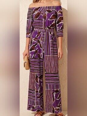 Dee Ocleppo Plum Water Color Branche Pull-On Jumpsuit Pockets, Off Shoulder, XS